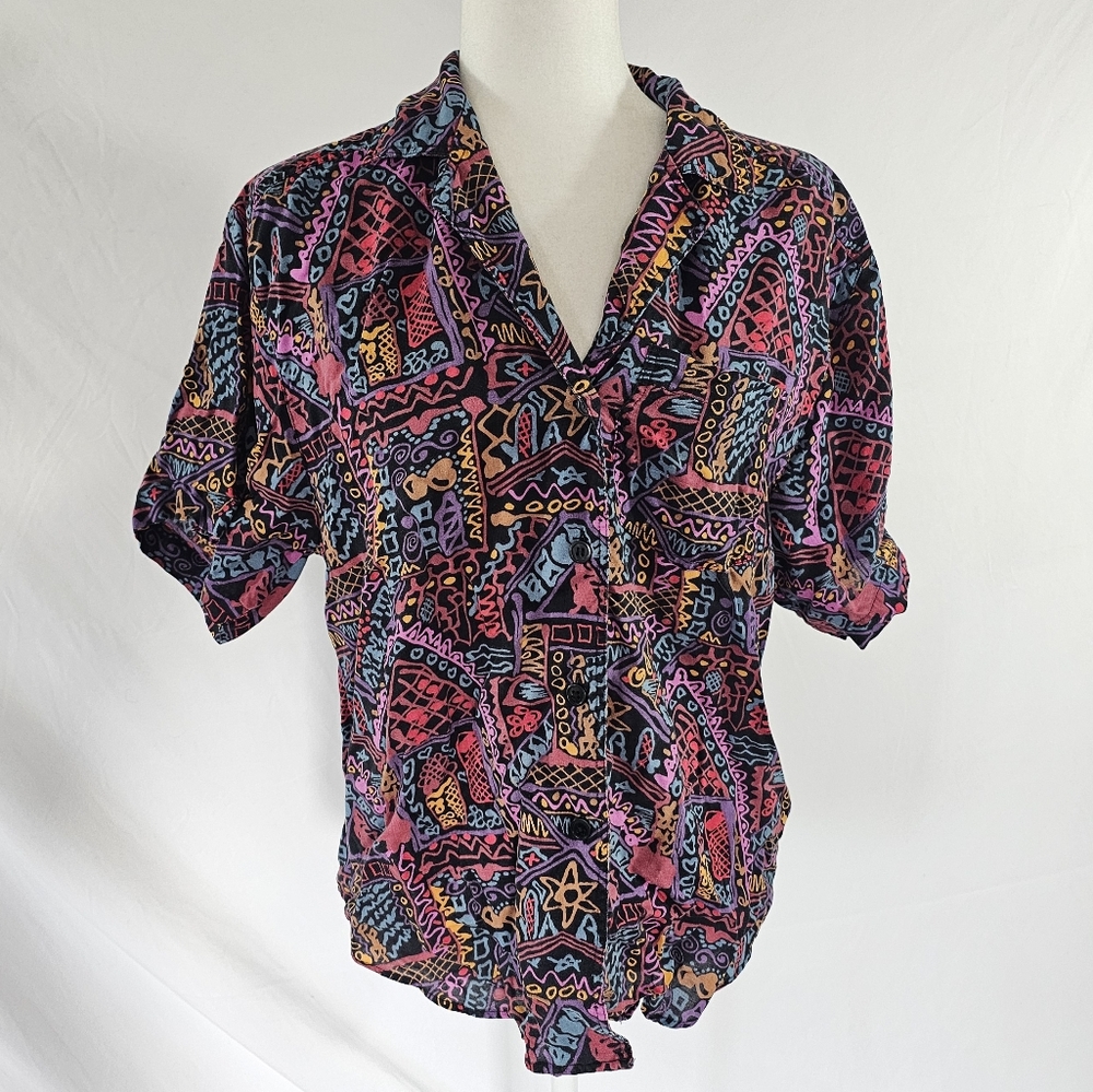 Vintage Neon Graffiti 80s 90s Colorful Geometric Pattern Button Up Shirt